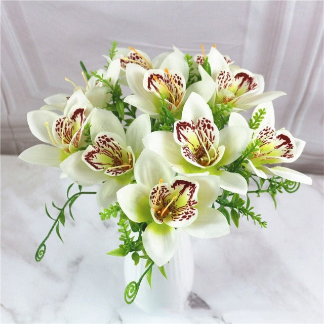 Artificial Fake White Orchid Flowers Bouquet 10 Heads