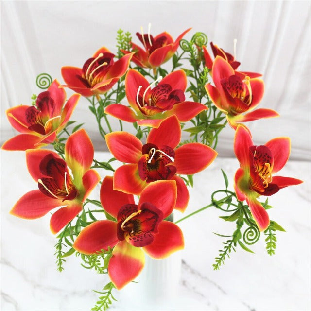 Artificial Fake Orange Orchid Flowers Bouquet 10 Heads