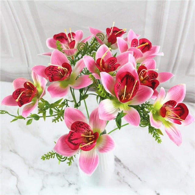 Artificial Fake Pink Orchid Flowers Bouquet 10 Heads