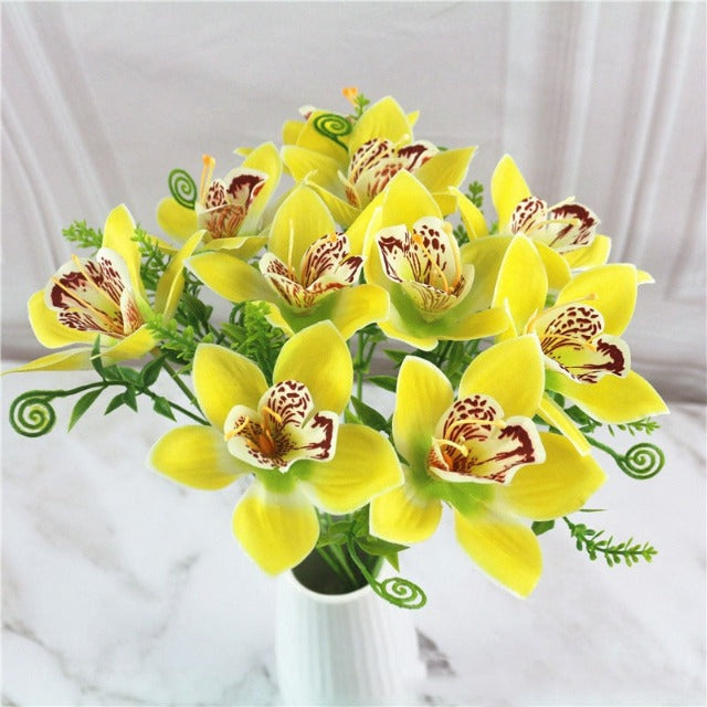 Artificial Fake Yellow Orchid Flowers Bouquet 10 Heads