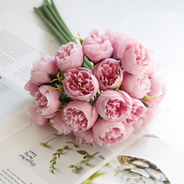 Artificial Fake Pink Peony Flowers Bouquet