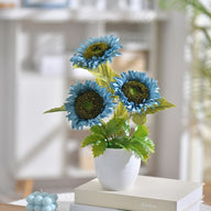 Artificial Fake Blue Sunflowers in Pot