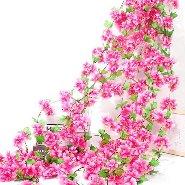 Artificial Fake Dark Pink Cherry Blossom Flowers Garland