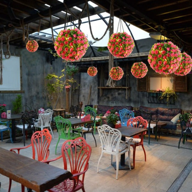 Artificial Fake Hanging Topiary Ball with Pink Flowers