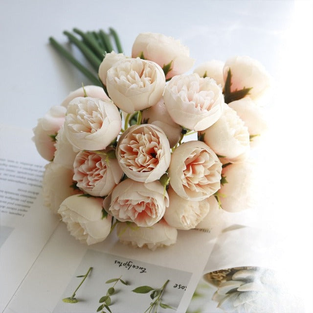 Artificial Fake Champagne Peony Flowers Bouquet