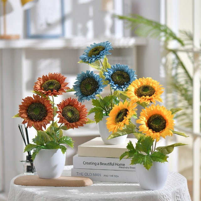 Artificial Fake Blue Sunflowers in Pot