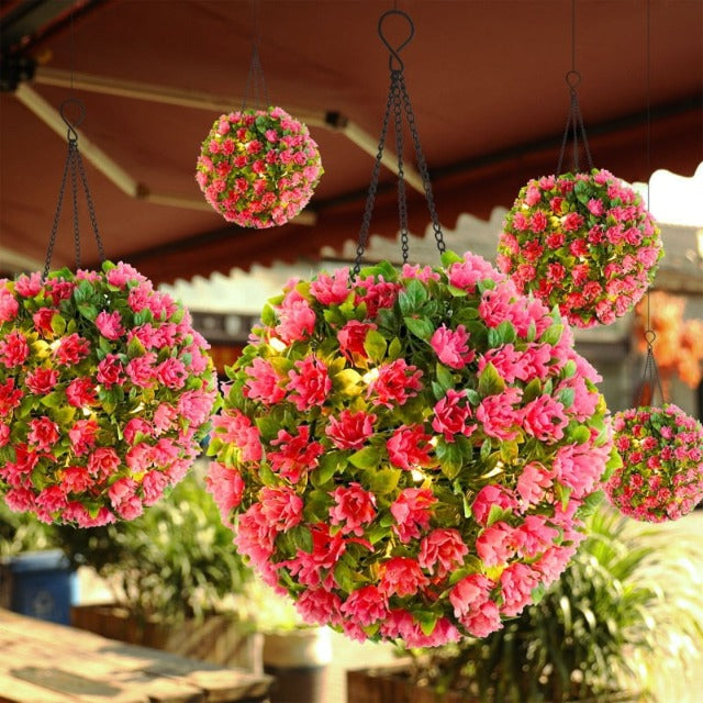 Artificial Fake Hanging Topiary Ball with Pink Flowers